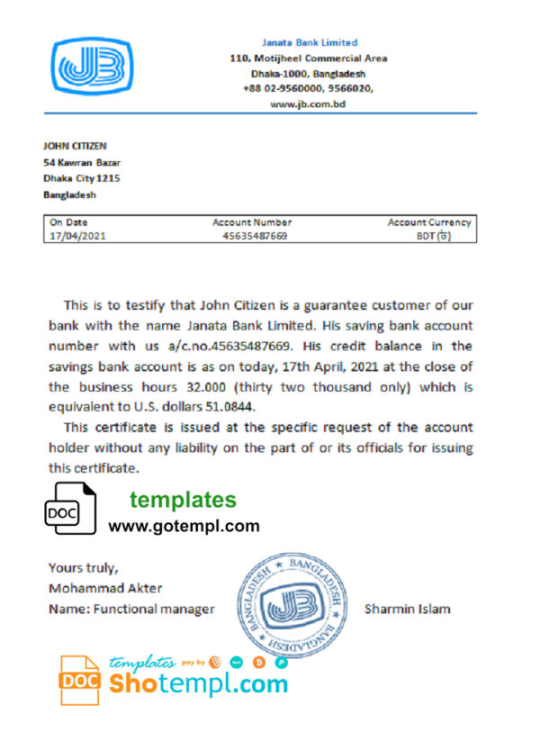 Bangladesh Janata bank account reference letter template in Word and PDF format