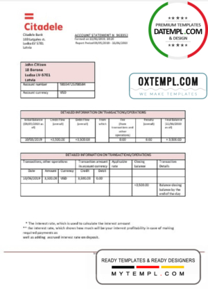 Latvia Citadele bank statement template, Word and PDF format (.doc and .pdf)