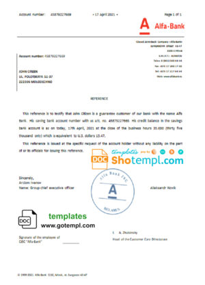 Belarus Alfa bank reference letter template in Word and PDF format