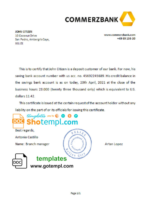 Belize Commerzbank bank reference letter template in Word and PDF format