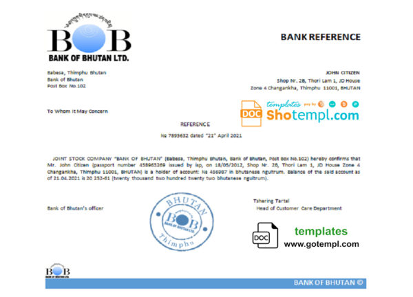 Bhutan Bank of Bhutan bank account reference letter template in Word and PDF format