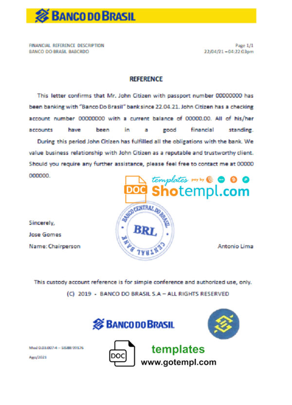 Brazil Banco do Brasil bank account reference letter template in Word and PDF format