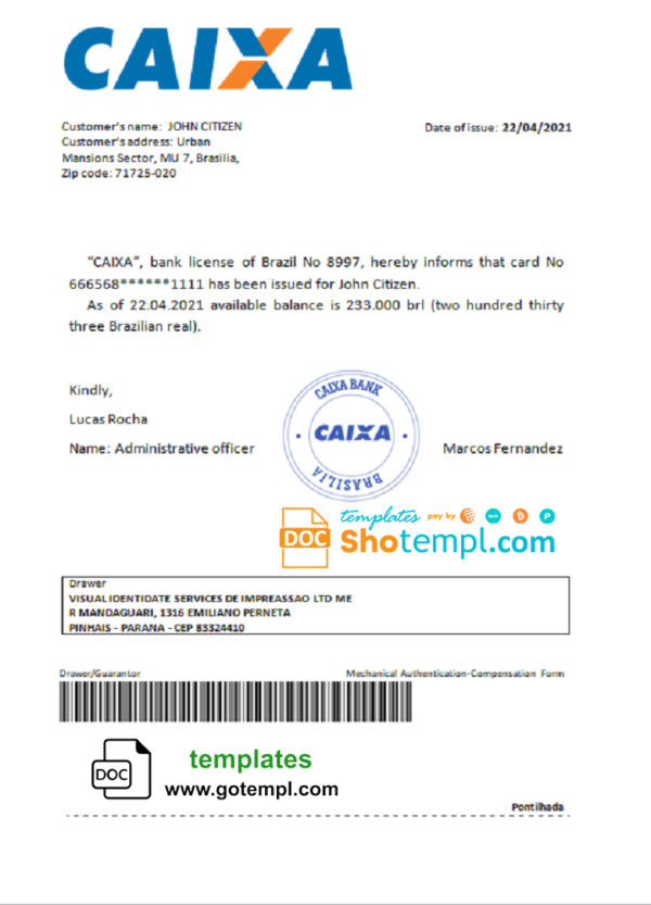 Brazil Caixa bank account reference letter template in Word and PDF format
