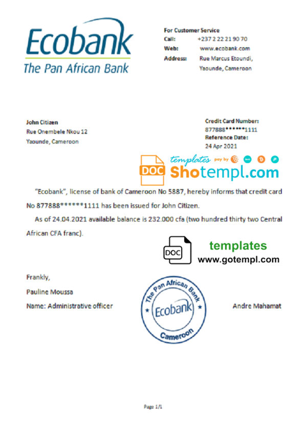 Cameroon Ecobank account reference letter template in Word and PDF format