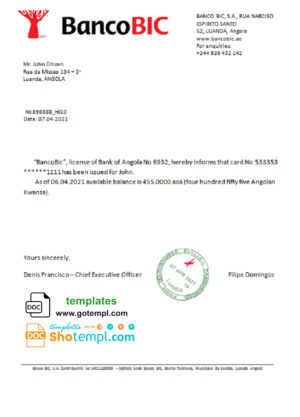 Angola Banco BIC bank reference letter template in Word and PDF format