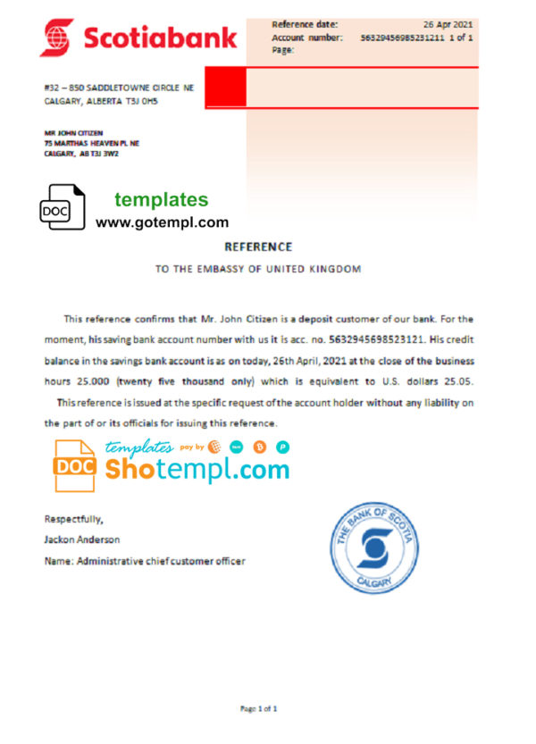 Canada Scotiabank account reference letter template in Word and PDF format