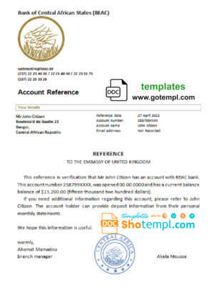 Central African Republic Bank of Central African States (BEAC) bank account reference letter template in Word and PDF format
