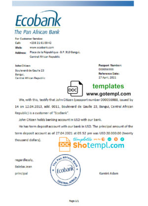 Central African Republic Ecobank bank account reference letter template in Word and PDF format