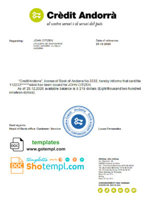 Andorra Credit Andorra bank reference letter template in Word and PDF format