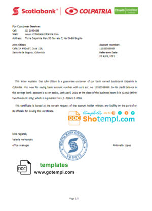 Colombia Scotiabank Colpatria bank account reference letter template in Word and PDF format