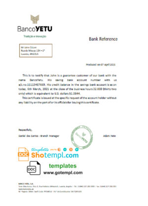 Angola Banco Yetu bank reference letter template in Word and PDF format
