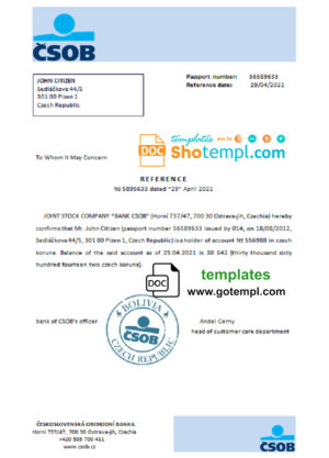 Czech Republic Československá Obchodní Banka account reference letter template in Word and PDF format