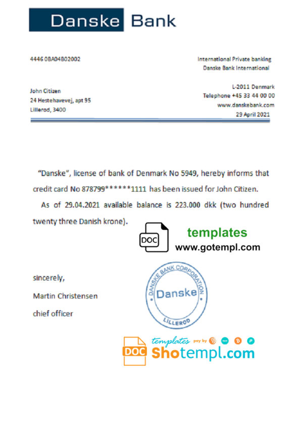 Denmark Danskebank bank account reference letter template in Word and PDF format