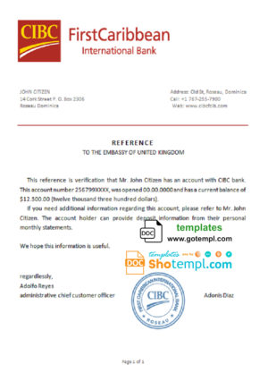 Dominica CIBC First Caribbean International bank account reference letter template in Word and PDF format