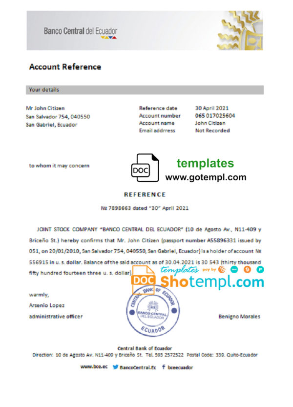 Ecuador Central Bank of Ecuador bank account reference letter template in Word and PDF format