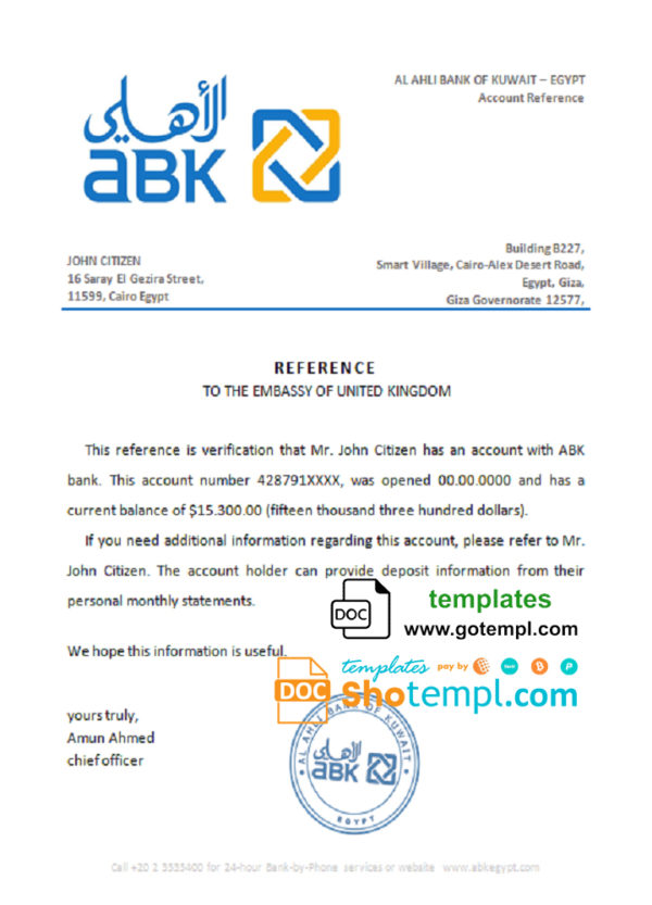 Egypt Al Ahli Bank of Kuwait bank account reference letter template in Word and PDF format