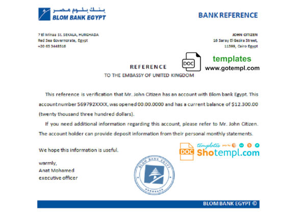 Egypt Blom Bank of Egypt  bank account reference template in Word and PDF format (.doc and .pdf)
