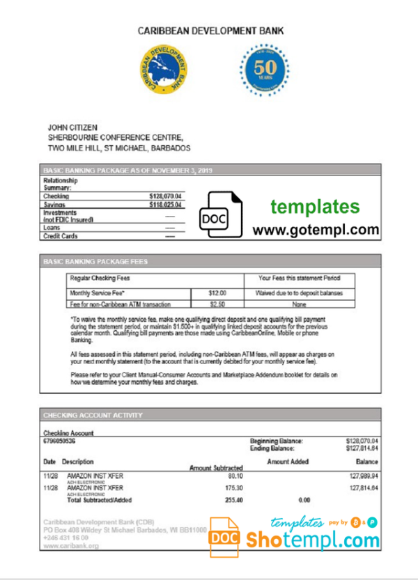 Barbados Caribbean Development Bank statement template in Word and PDF format
