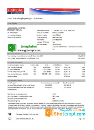 Australia Colonial First State Bank statement template in Excel and PDF format, fully editable