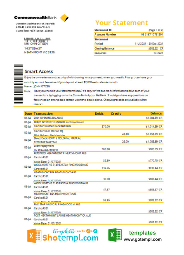 Australia Commonwealth Bank statement template in Excel and PDF format, fully editable