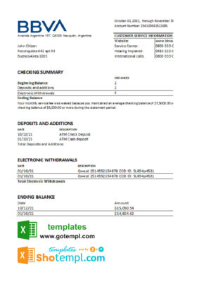 Argentina BBVA bank statement template in Excel and PDF format