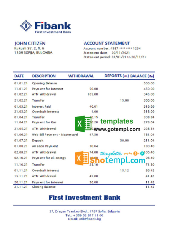 Bulgaria Fibank bank statement easy to fill template in Excel and PDF format (AutoSum)