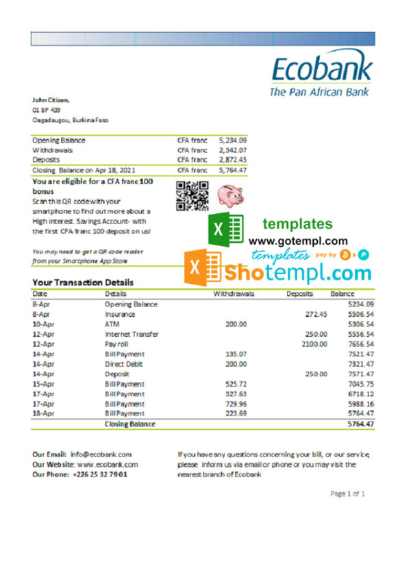 Burkina Faso Ecobank bank statement easy to fill template in Excel and PDF format