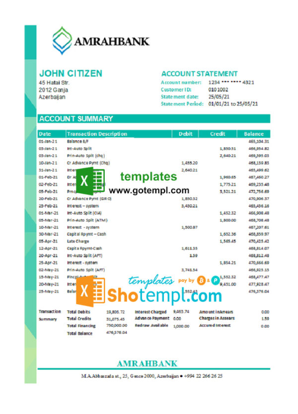 Azerbaijan Amrahbank bank statement easy to fill template in Excel and PDF format