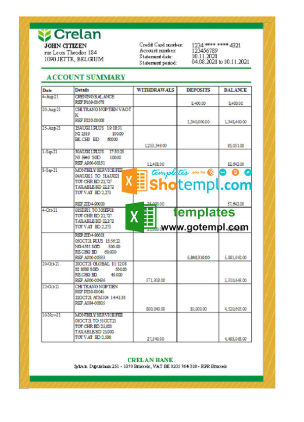 Belgium Crelan bank statement easy to fill template in Excel and PDF format