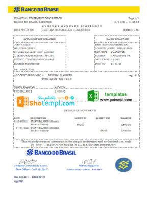 Brazil Banco do Brasil bank statement easy to fill template in Excel and PDF format