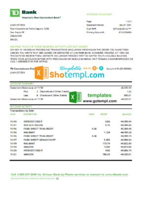 Brazil TD bank statement easy to fill template in Excel and PDF format