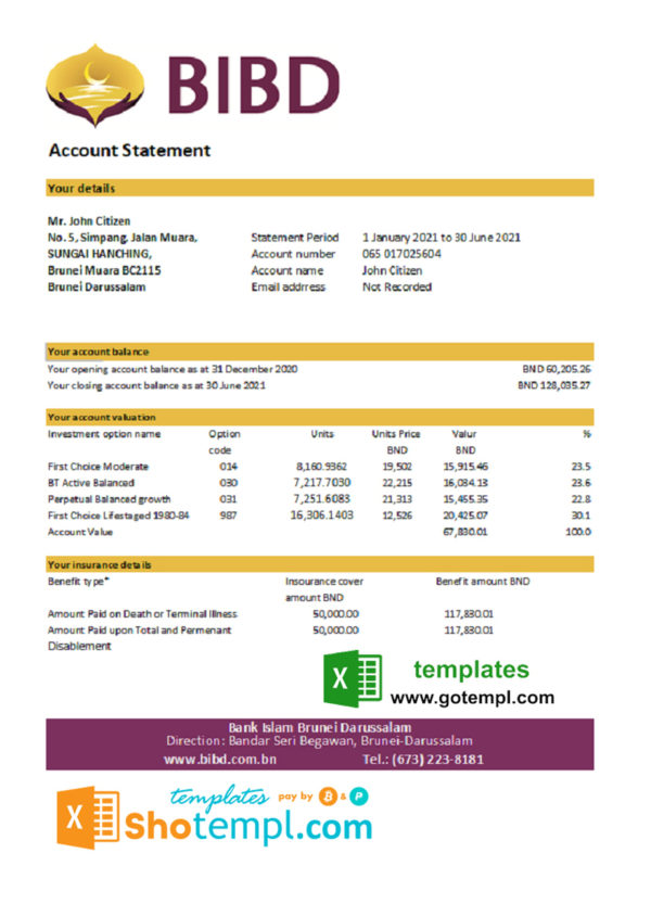 Brunei Bank Islam Brunei Darussalam bank statement template in Word and PDF format