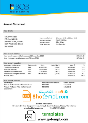 Bahamas Bank of The Bahamas proof of address bank statement template in Word and PDF format