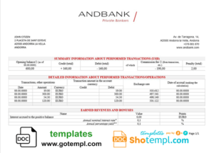 Andorra Andbank bank statement template in Word and PDF format, good for address prove