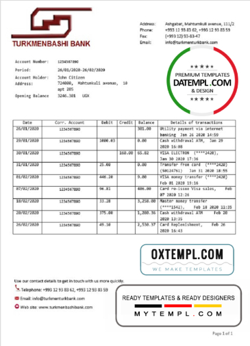 Turkmenistan Turkmenbashi Bank statement template, Word and PDF format (.doc and .pdf)