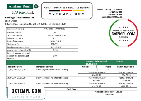 Sri Lanka Amana bank proof of address statement template in Word and PDF format