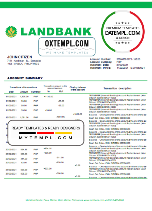 Philippines Land Bank of the Philippines proof of address bank statement template in Word and PDF  format