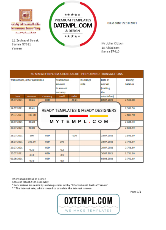 Yemen International bank statement template in .xls and .pdf file format