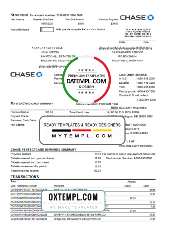 USA Chase bank Mastercard card statement easy to fill template in Excel and PDF file format
