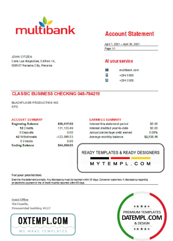 Panama Multibank bank statement easy to fill template in .xls and .pdf file format