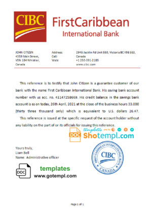 Canada CIBC Bank account reference letter template in Word and PDF format