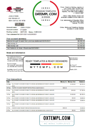 USA First Century Bank statement easy to fill template in Excel and PDF format