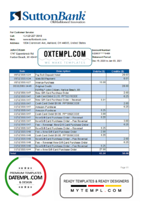 USA Ohio Sutton Bank statement template in .xls and .pdf file format