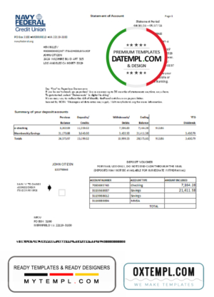 USA Navy Federal Credit Union bank statement template in Excel and PDF format