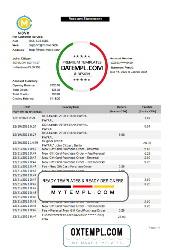 USA MOVO bank statement template in Excel and PDF format