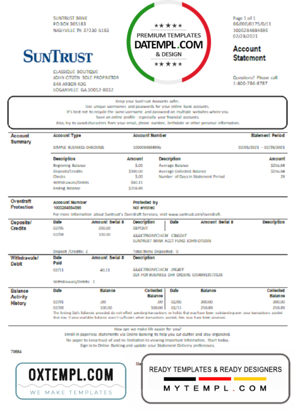 USA Georgia SunTrust bank statement template in Word and PDF format (For Sole Proprietor)