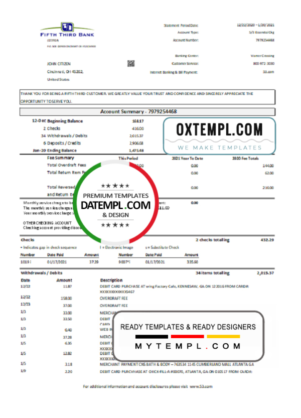 USA Fifth Third Bank statement easy to fill template in .xls and .pdf file format