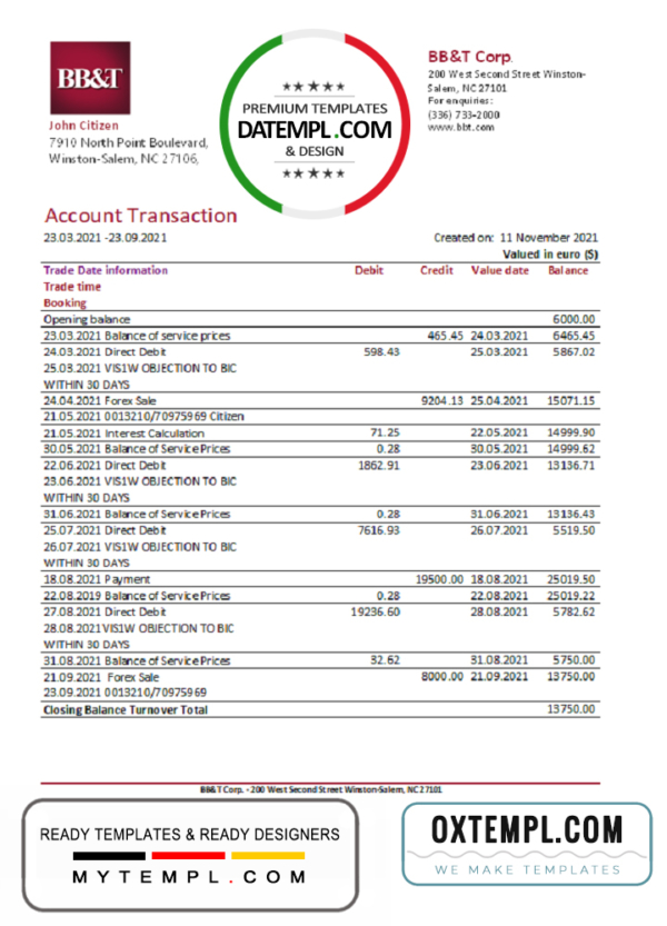 USA BB&T Corp. bank statement easy to fill template in .xls and .pdf file format