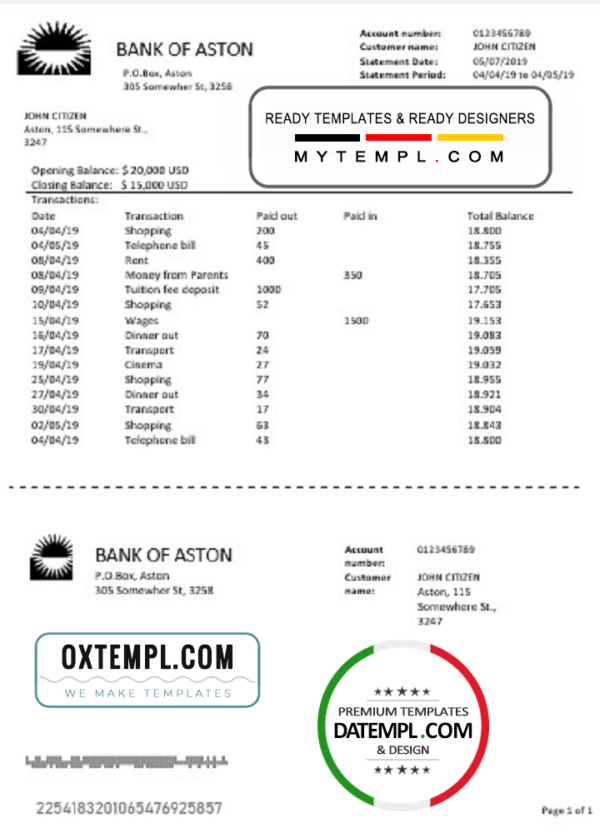 United Kingdom Bank of Aston bank statement template in Word and PDF format, good for address prove