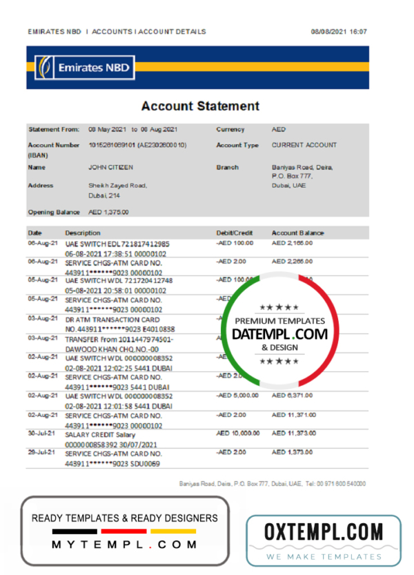 UAE Dubai Emirates NBD bank statement easy to fill template in Excel and PDF format